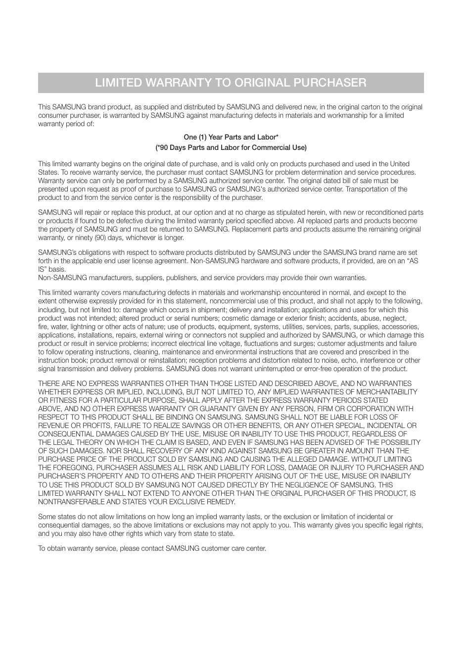Limited warranty to original purchaser | Samsung BD-D7000-ZA User Manual | Page 72 / 81