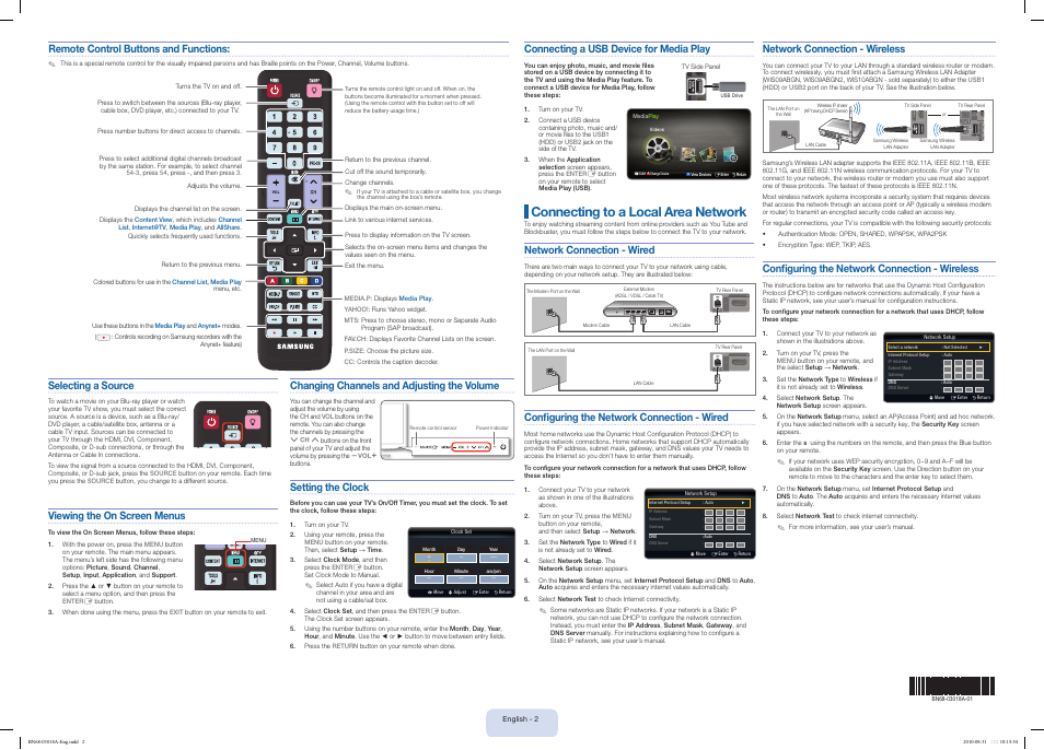 Connecting to a local area network, Changing channels and adjusting the volume, Setting the clock | Connecting a usb device for media play, Selecting a source, Viewing the on screen menus, Network connection - wireless, Configuring the network connection - wireless, Network connection - wired, Remote control buttons and functions | Samsung LN40C560J2FXZA User Manual | Page 2 / 2