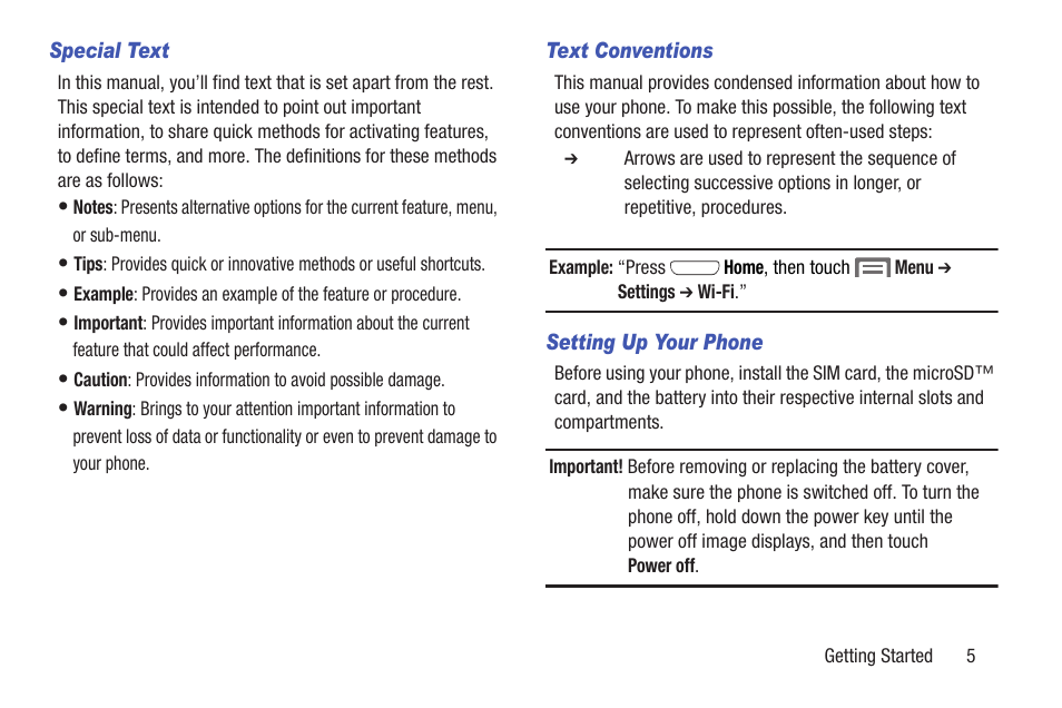 Special text, Text conventions, Setting up your phone | Samsung SCH-R530RWBMTR User Manual | Page 10 / 254