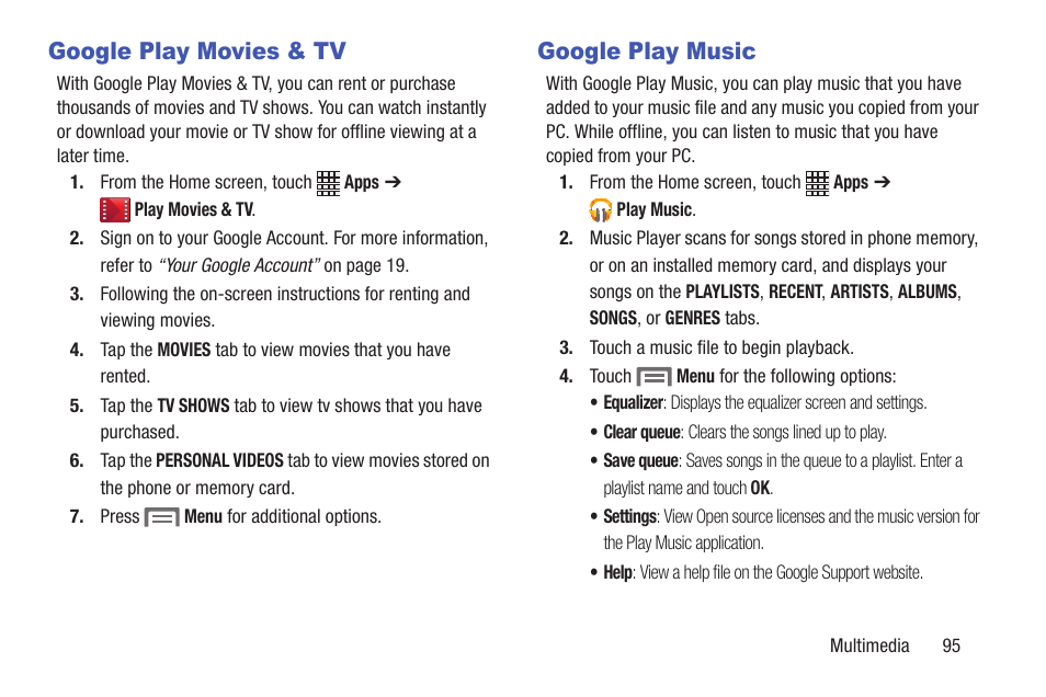 Google play movies & tv, Google play music, Google play movies & tv google play music | Samsung SCH-R530RWBMTR User Manual | Page 100 / 254