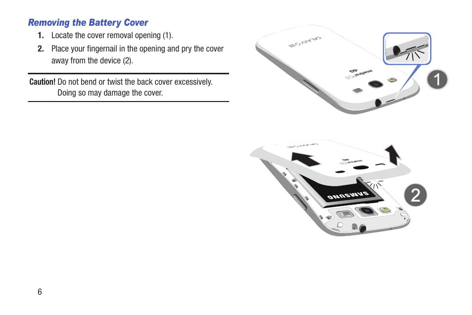Removing the battery cover | Samsung SCH-R530RWBMTR User Manual | Page 11 / 254