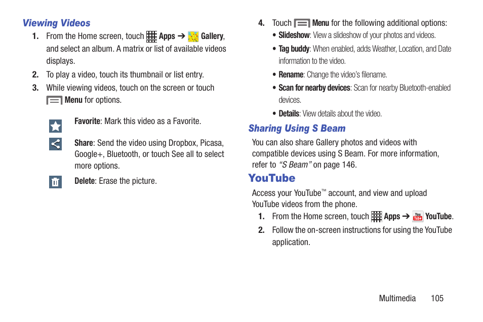 Viewing videos, Sharing using s beam, Youtube | Samsung SCH-R530RWBMTR User Manual | Page 110 / 254