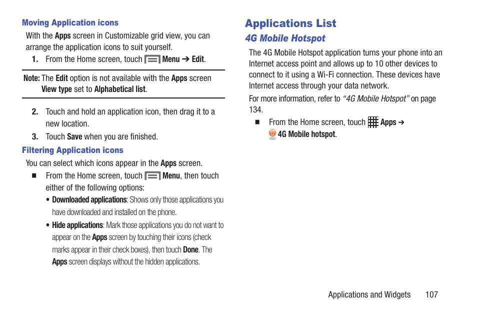 Moving application icons, Filtering application icons, Applications list | 4g mobile hotspot | Samsung SCH-R530RWBMTR User Manual | Page 112 / 254