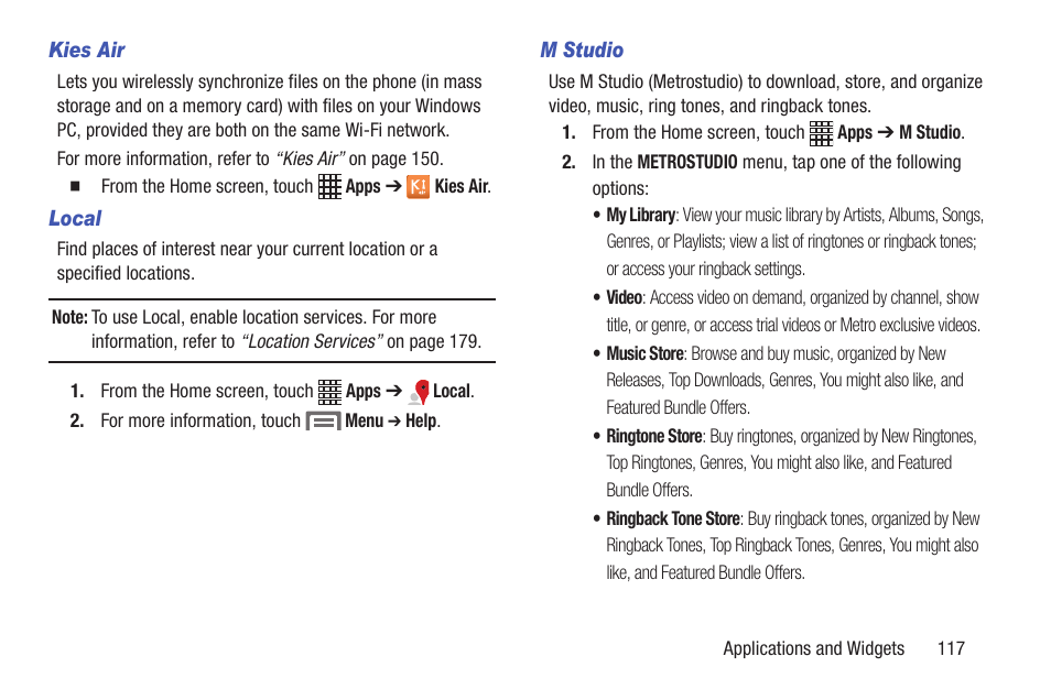 Kies air, Local, M studio | Samsung SCH-R530RWBMTR User Manual | Page 122 / 254