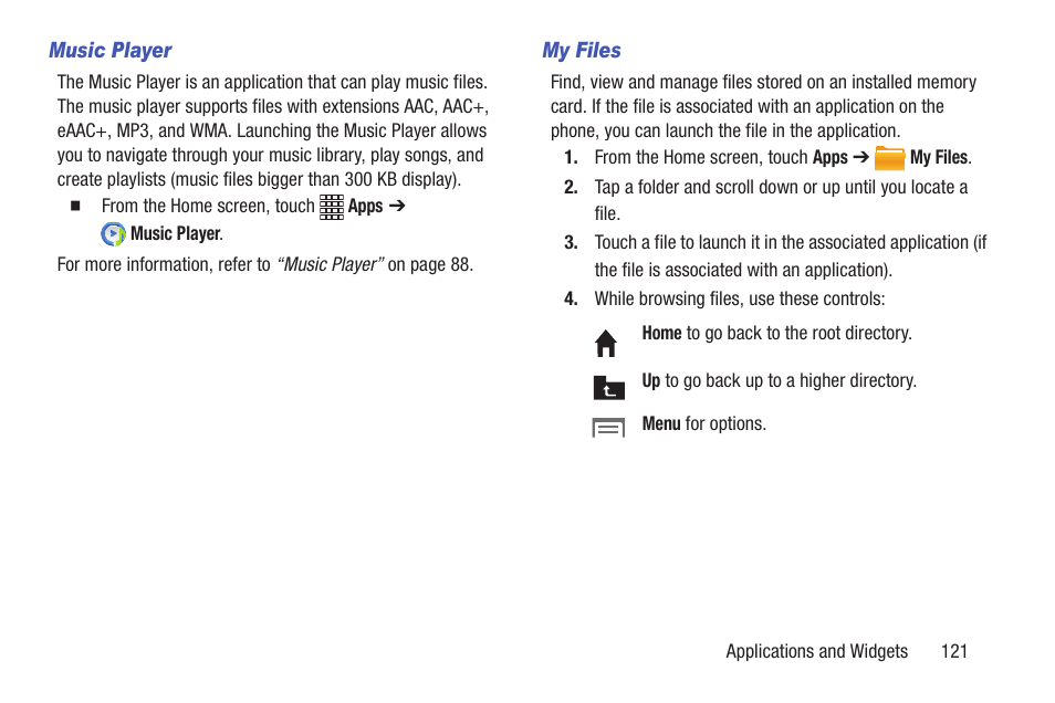 Music player, My files | Samsung SCH-R530RWBMTR User Manual | Page 126 / 254