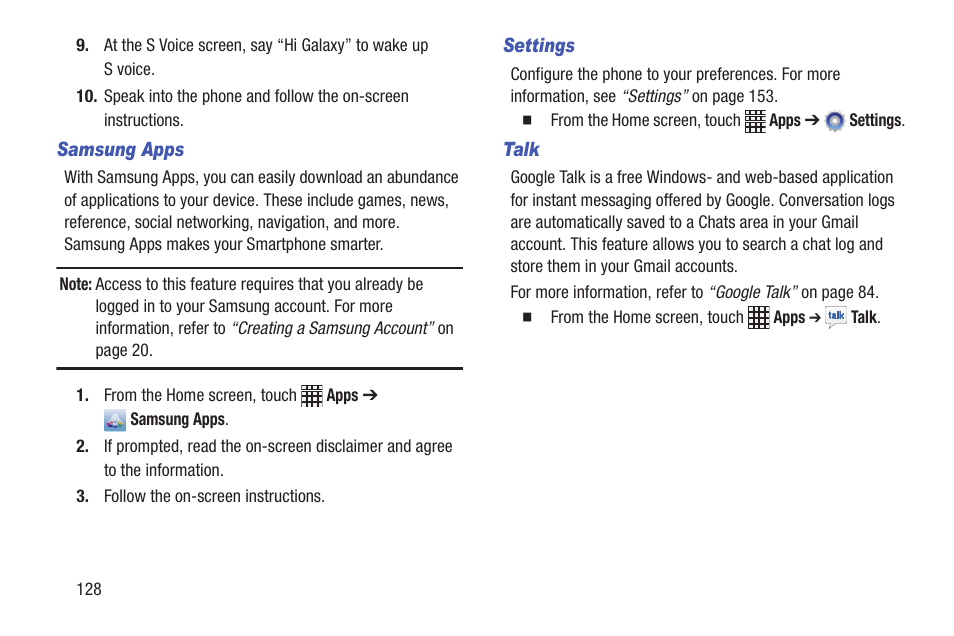 Samsung apps, Settings, Talk | Samsung SCH-R530RWBMTR User Manual | Page 133 / 254