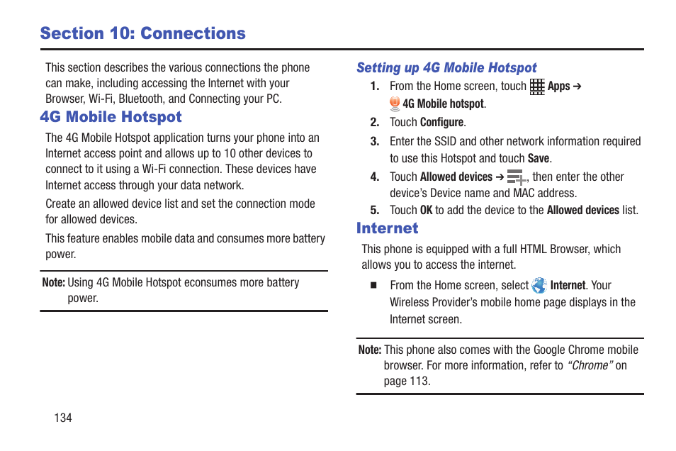 Section 10: connections, 4g mobile hotspot, Setting up 4g mobile hotspot | Internet, 4g mobile hotspot internet | Samsung SCH-R530RWBMTR User Manual | Page 139 / 254