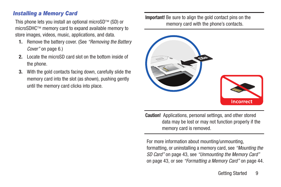 Installing a memory card | Samsung SCH-R530RWBMTR User Manual | Page 14 / 254