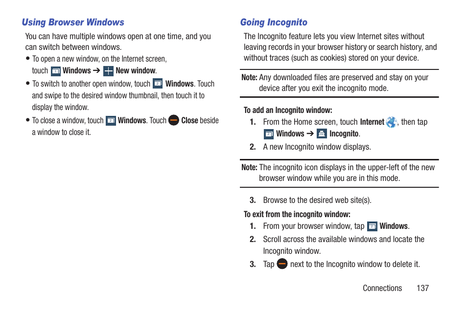 Using browser windows, Going incognito, For more information, refer to “using | Samsung SCH-R530RWBMTR User Manual | Page 142 / 254