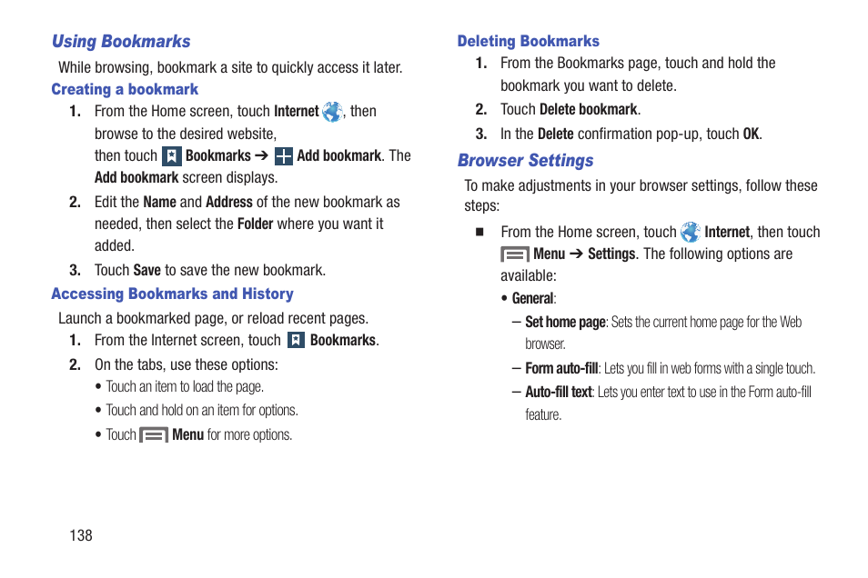 Using bookmarks, Creating a bookmark, Accessing bookmarks and history | Deleting bookmarks, Browser settings | Samsung SCH-R530RWBMTR User Manual | Page 143 / 254