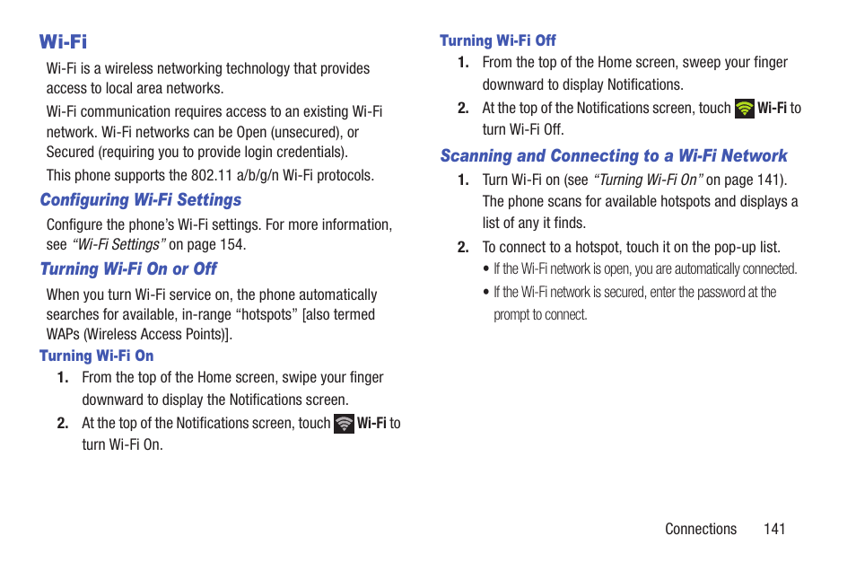 Wi-fi, Configuring wi-fi settings, Turning wi-fi on or off | Turning wi-fi on, Turning wi-fi off, Scanning and connecting to a wi-fi network, R more information, refer to “scanning and, Connect | Samsung SCH-R530RWBMTR User Manual | Page 146 / 254