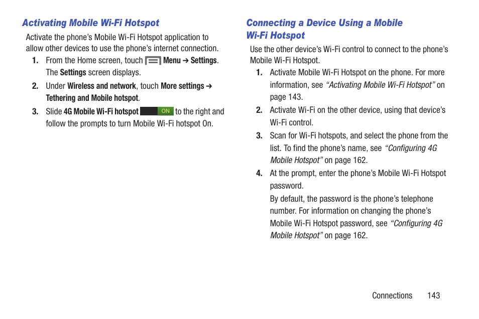 Activating mobile wi-fi hotspot, Connecting a device using a mobile wi-fi hotspot | Samsung SCH-R530RWBMTR User Manual | Page 148 / 254