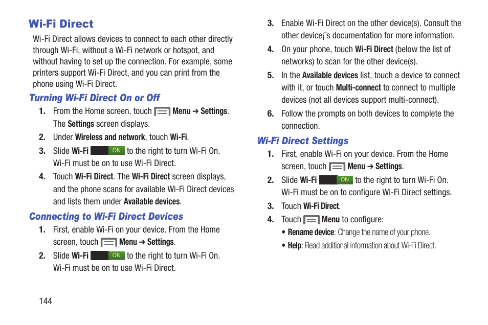 Wi-fi direct, Turning wi-fi direct on or off, Connecting to wi-fi direct devices | Wi-fi direct settings | Samsung SCH-R530RWBMTR User Manual | Page 149 / 254