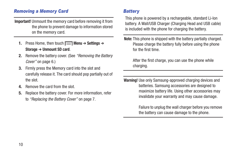 Removing a memory card, Battery | Samsung SCH-R530RWBMTR User Manual | Page 15 / 254