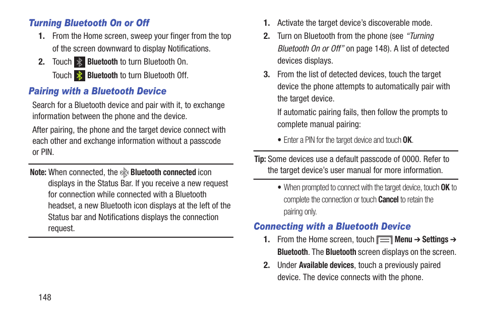 Turning bluetooth on or off, Pairing with a bluetooth device, Connecting with a bluetooth device | Samsung SCH-R530RWBMTR User Manual | Page 153 / 254