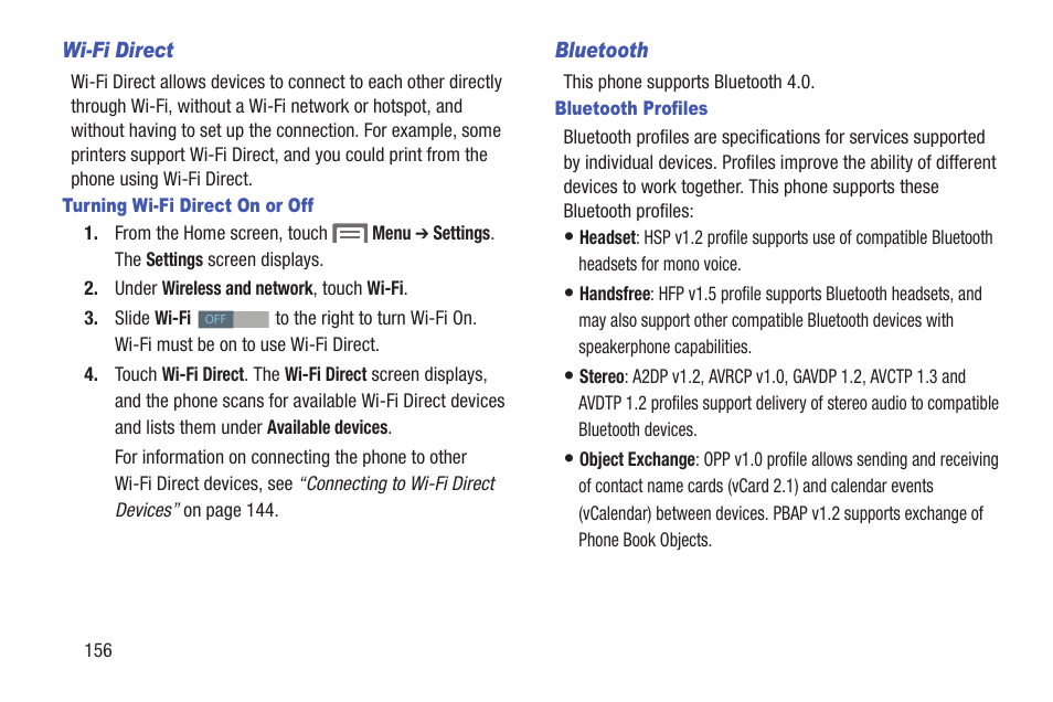 Wi-fi direct, Turning wi-fi direct on or off, Bluetooth | Bluetooth profiles | Samsung SCH-R530RWBMTR User Manual | Page 161 / 254