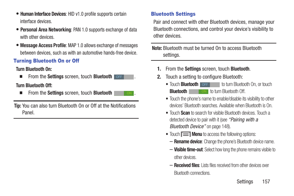 Turning bluetooth on or off, Bluetooth settings | Samsung SCH-R530RWBMTR User Manual | Page 162 / 254