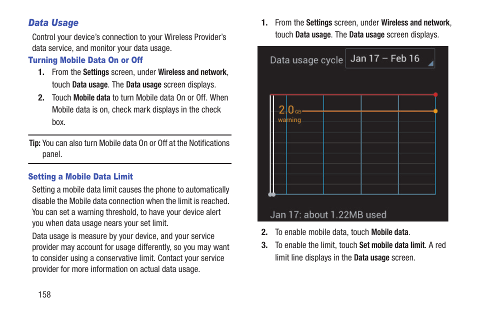 Data usage, Turning mobile data on or off, Setting a mobile data limit | Samsung SCH-R530RWBMTR User Manual | Page 163 / 254