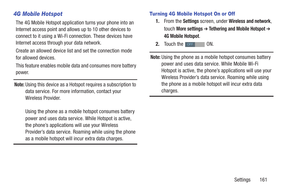 4g mobile hotspot, Turning 4g mobile hotspot on or off | Samsung SCH-R530RWBMTR User Manual | Page 166 / 254