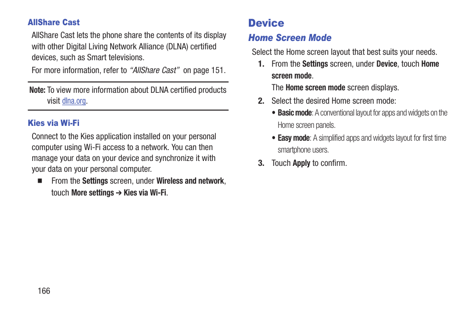 Allshare cast, Kies via wi-fi, Device | Home screen mode | Samsung SCH-R530RWBMTR User Manual | Page 171 / 254