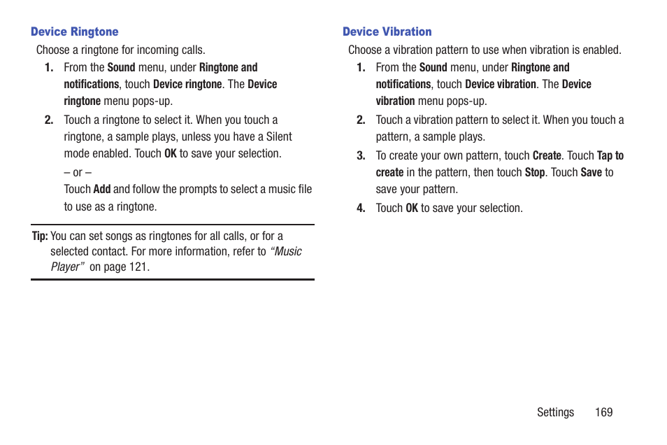 Device ringtone, Device vibration | Samsung SCH-R530RWBMTR User Manual | Page 174 / 254