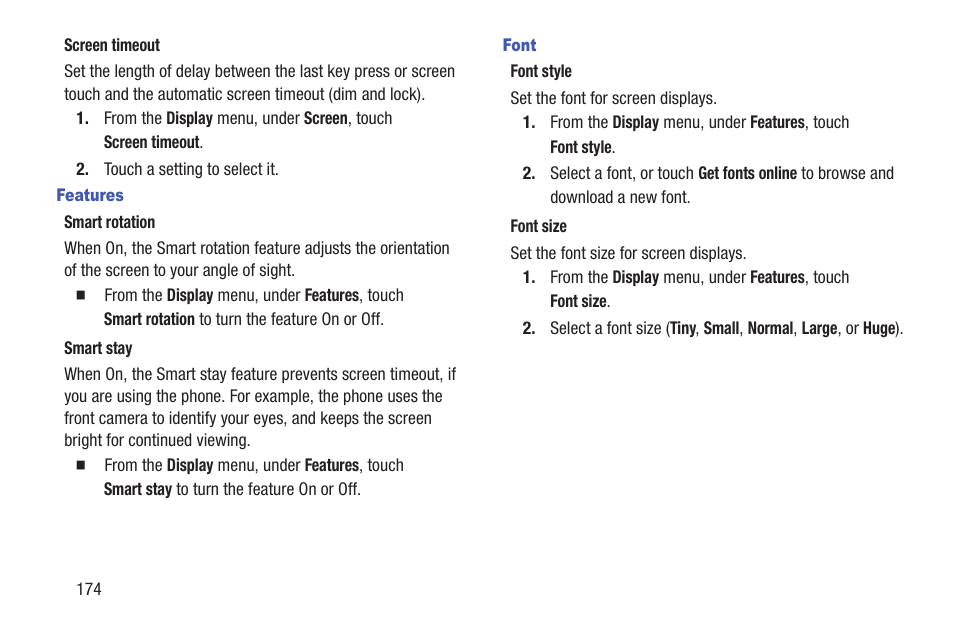 Features, Font | Samsung SCH-R530RWBMTR User Manual | Page 179 / 254