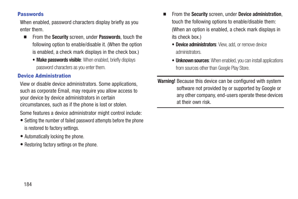 Passwords, Device administration | Samsung SCH-R530RWBMTR User Manual | Page 189 / 254