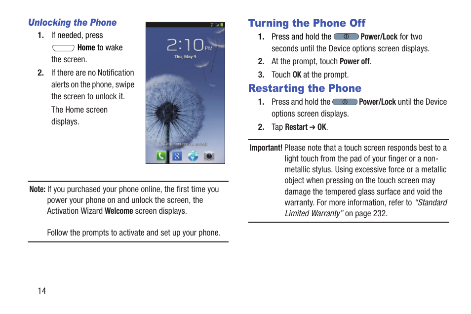 Unlocking the phone, Turning the phone off, Restarting the phone | Turning the phone off restarting the phone | Samsung SCH-R530RWBMTR User Manual | Page 19 / 254