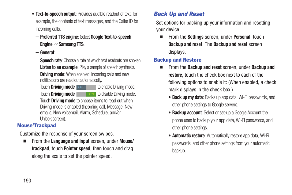 Mouse/trackpad, Back up and reset, Backup and restore | Samsung SCH-R530RWBMTR User Manual | Page 195 / 254