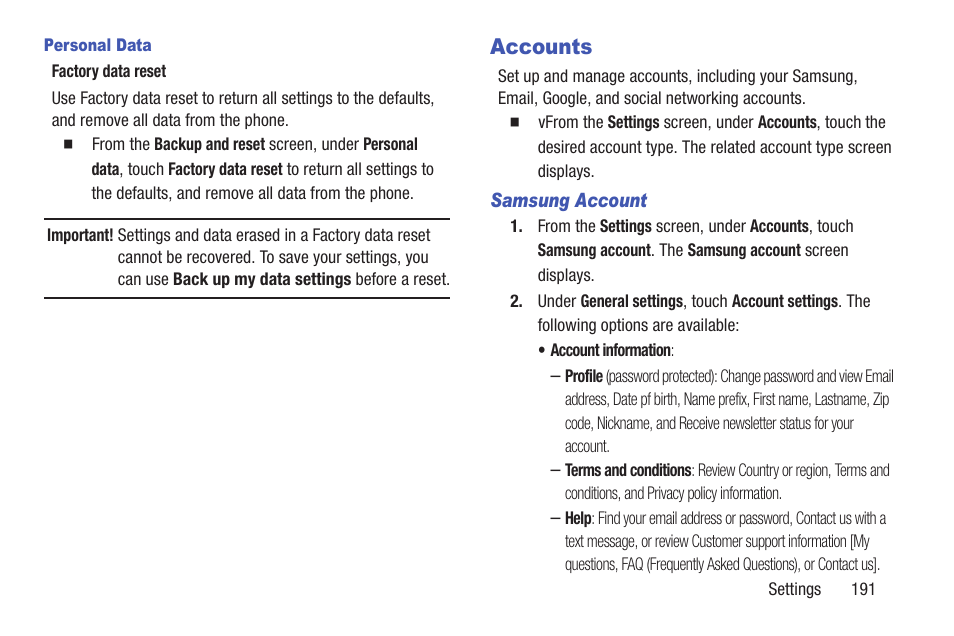 Personal data, Accounts, Samsung account | Samsung SCH-R530RWBMTR User Manual | Page 196 / 254
