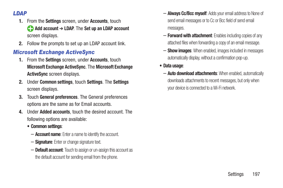 Ldap, Microsoft exchange activesync | Samsung SCH-R530RWBMTR User Manual | Page 202 / 254