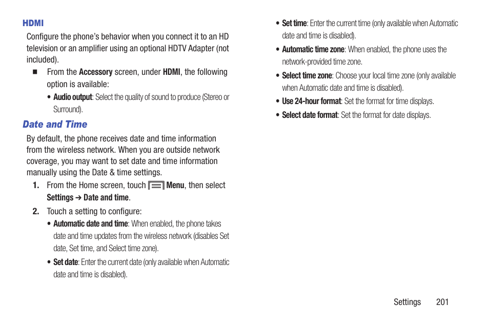 Hdmi, Date and time | Samsung SCH-R530RWBMTR User Manual | Page 206 / 254