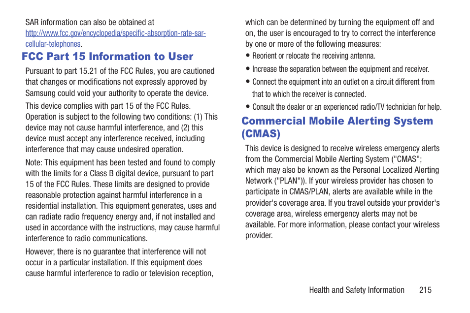 Fcc part 15 information to user, Commercial mobile alerting system (cmas) | Samsung SCH-R530RWBMTR User Manual | Page 220 / 254