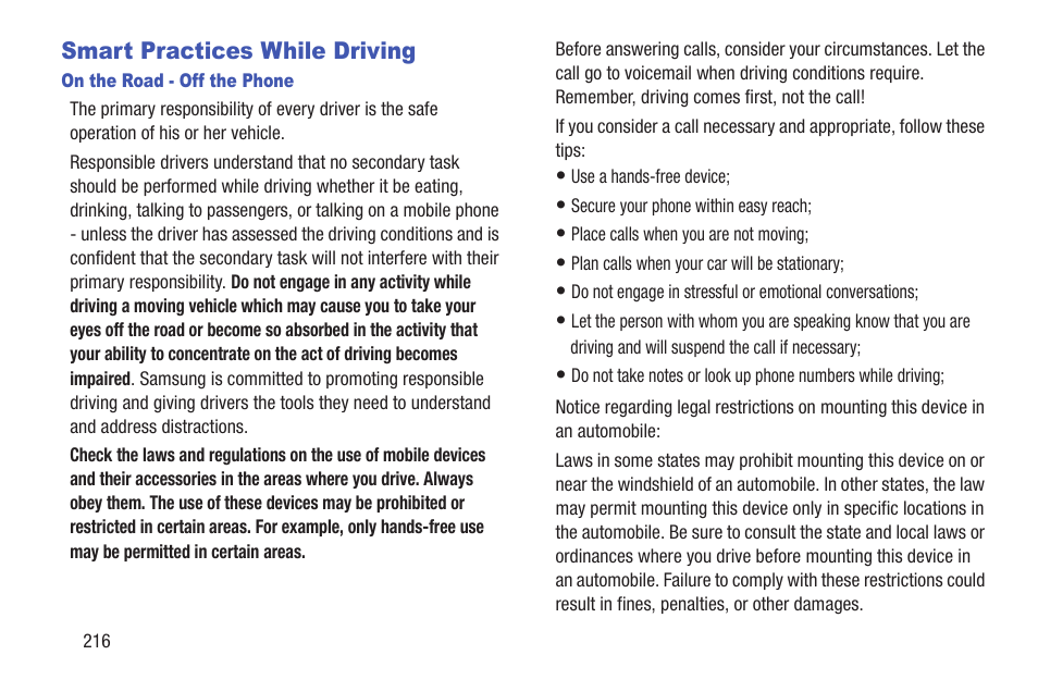 Smart practices while driving, On the road - off the phone | Samsung SCH-R530RWBMTR User Manual | Page 221 / 254