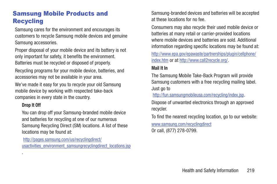 Samsung mobile products and recycling | Samsung SCH-R530RWBMTR User Manual | Page 224 / 254