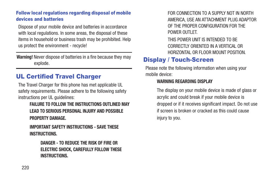 Ul certified travel charger, Display / touch-screen, Ul certified travel charger display / touch-screen | Samsung SCH-R530RWBMTR User Manual | Page 225 / 254