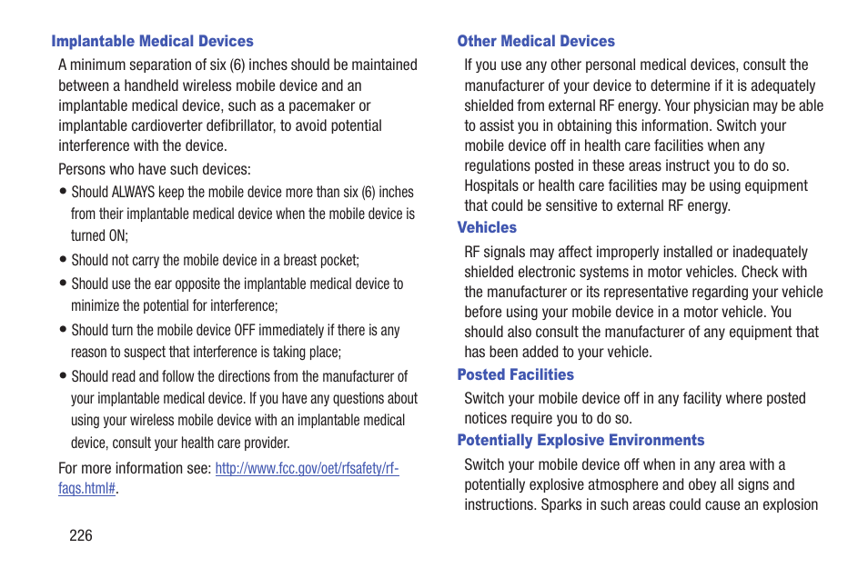 Implantable medical devices, Other medical devices, Vehicles | Posted facilities, Potentially explosive environments | Samsung SCH-R530RWBMTR User Manual | Page 231 / 254