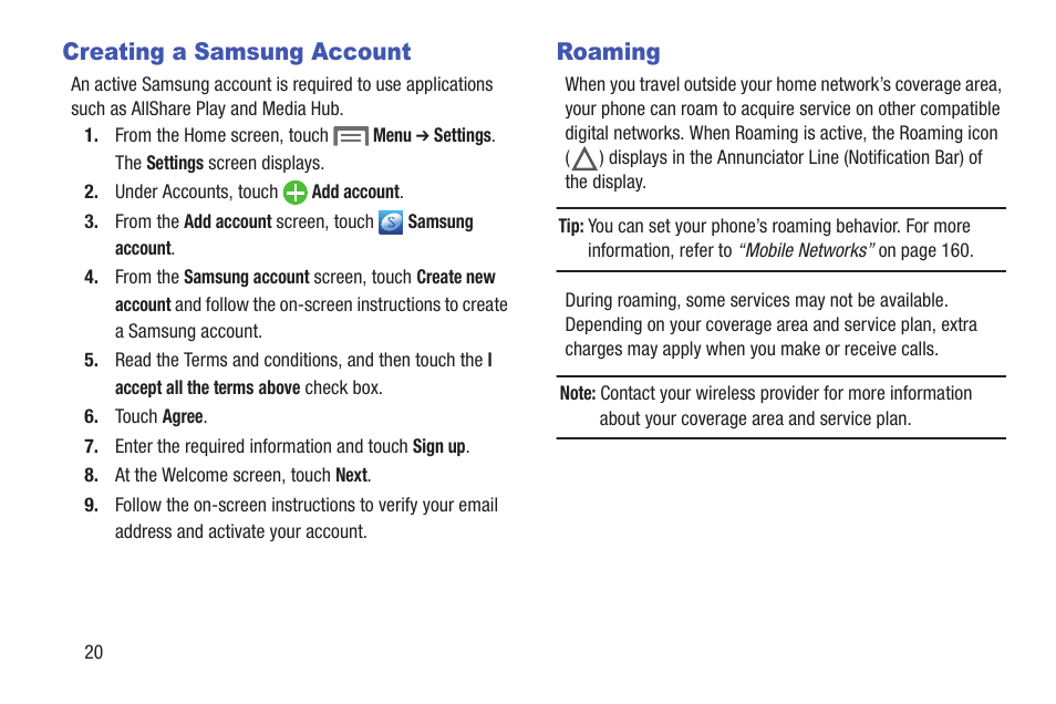 Creating a samsung account, Roaming, Creating a samsung account roaming | Samsung SCH-R530RWBMTR User Manual | Page 25 / 254