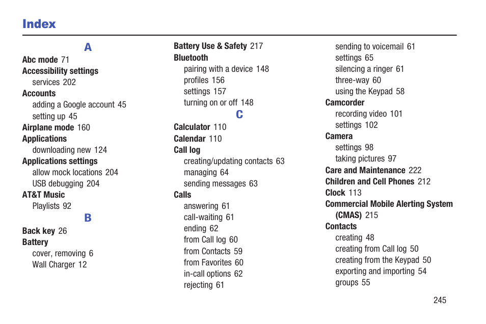 Index | Samsung SCH-R530RWBMTR User Manual | Page 250 / 254