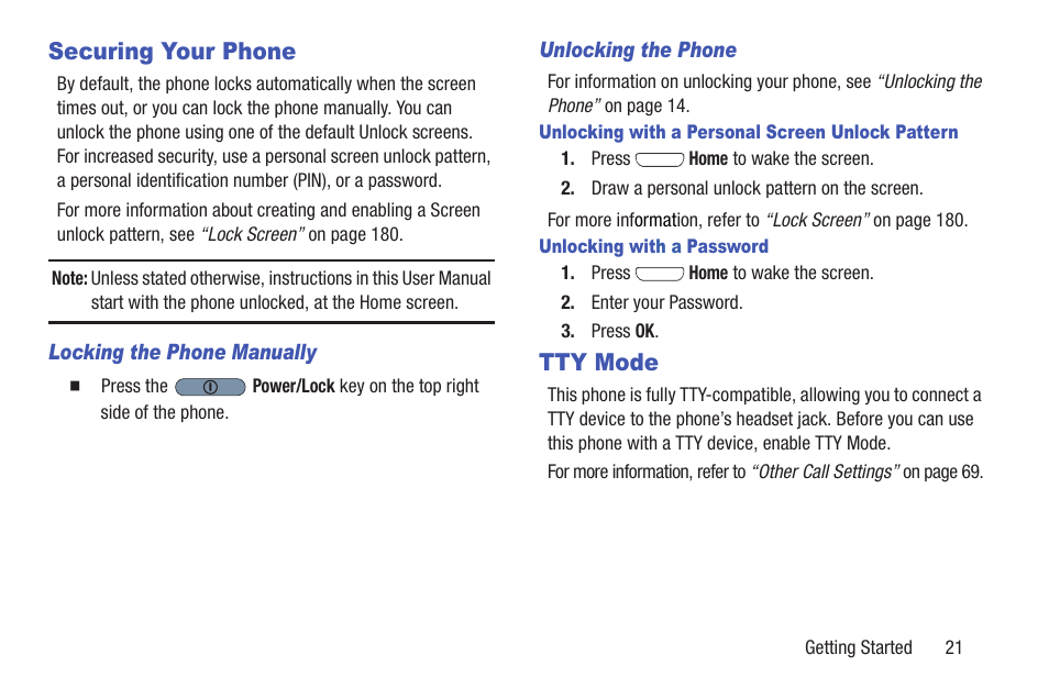 Securing your phone, Locking the phone manually, Unlocking the phone | Unlocking with a personal screen unlock pattern, Unlocking with a password, Tty mode, Securing your phone tty mode | Samsung SCH-R530RWBMTR User Manual | Page 26 / 254