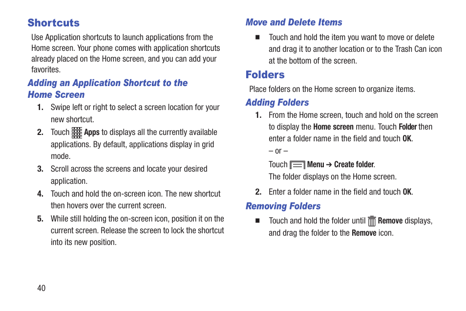 Shortcuts, Adding an application shortcut to the home screen, Move and delete items | Folders, Adding folders, Removing folders, Shortcuts folders, See “adding an application shortcut, See “adding an, See “place folders on the | Samsung SCH-R530RWBMTR User Manual | Page 45 / 254