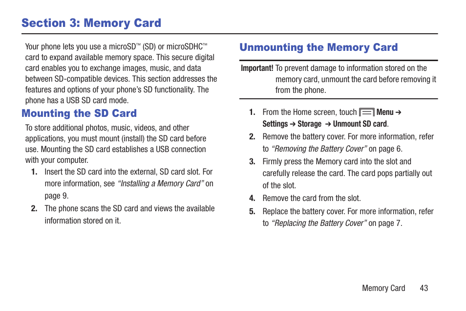 Section 3: memory card, Mounting the sd card, Unmounting the memory card | Mounting the sd card unmounting the memory card | Samsung SCH-R530RWBMTR User Manual | Page 48 / 254