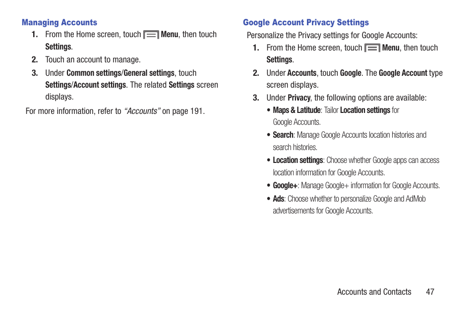 Managing accounts, Google account privacy settings | Samsung SCH-R530RWBMTR User Manual | Page 52 / 254