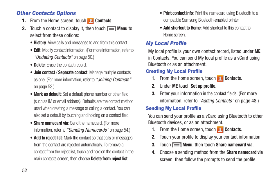 Other contacts options, My local profile, Creating my local profile | Sending my local profile | Samsung SCH-R530RWBMTR User Manual | Page 57 / 254