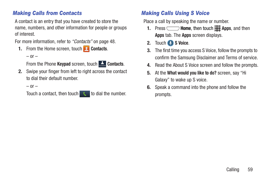 Making calls from contacts, Making calls using s voice | Samsung SCH-R530RWBMTR User Manual | Page 64 / 254