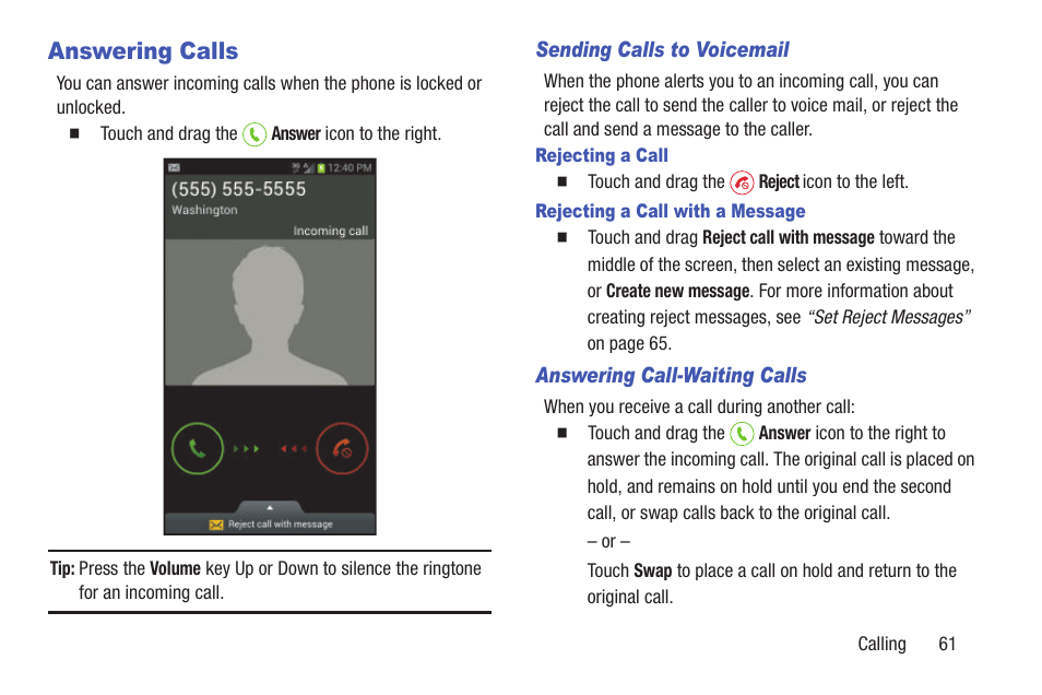 Answering calls, Sending calls to voicemail, Rejecting a call | Rejecting a call with a message, Answering call-waiting calls | Samsung SCH-R530RWBMTR User Manual | Page 66 / 254