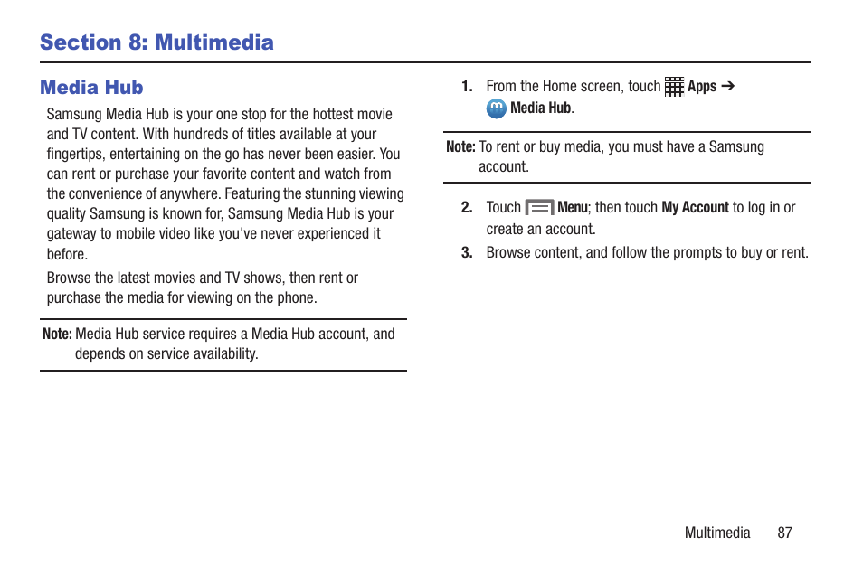 Section 8: multimedia, Media hub | Samsung SCH-R530RWBMTR User Manual | Page 92 / 254