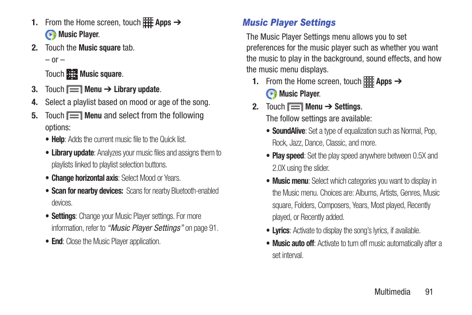 Music player settings | Samsung SCH-R530RWBMTR User Manual | Page 96 / 254