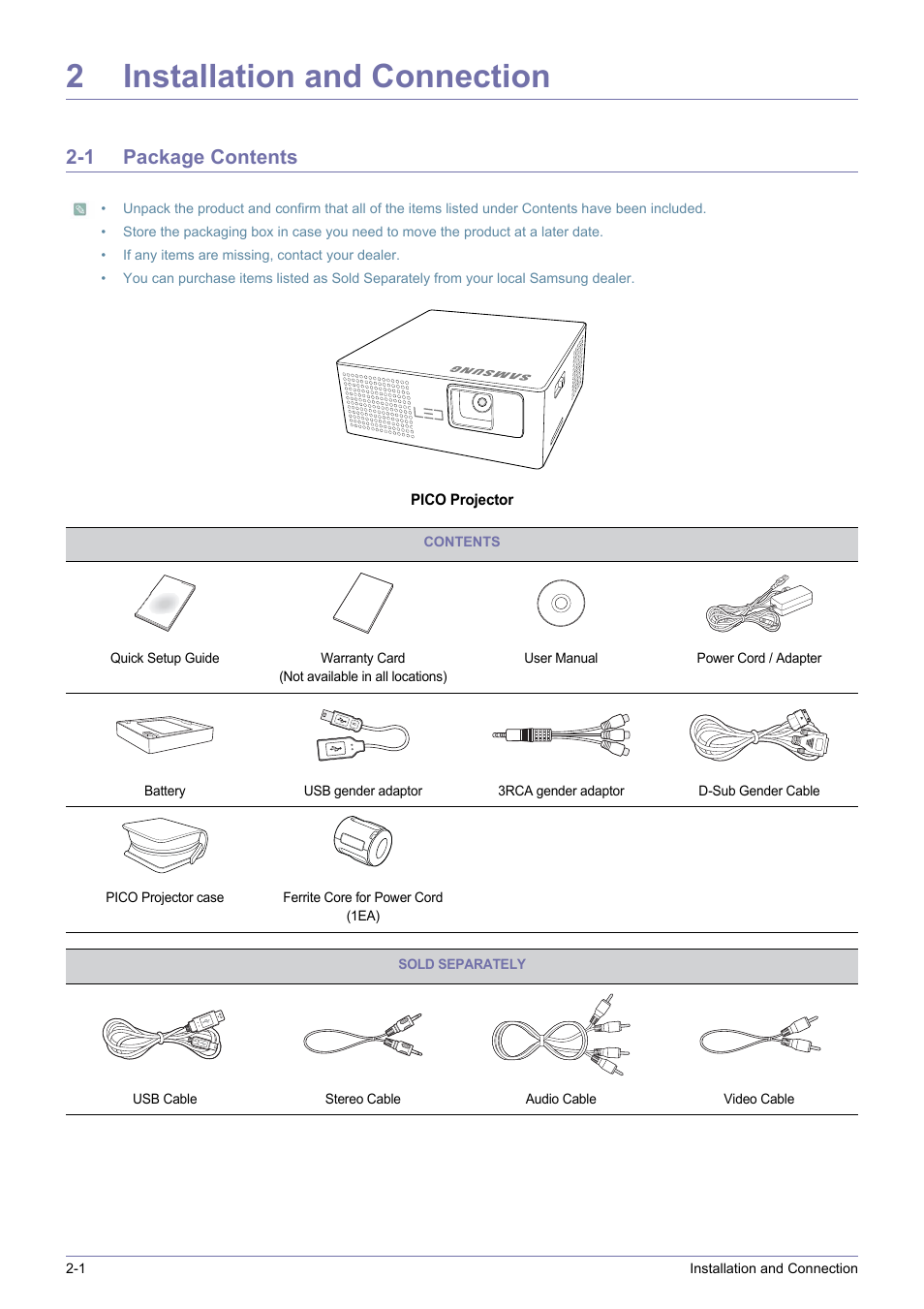 2 installation and connection, 1 package contents, Installation and connection | Package contents -1, 2installation and connection | Samsung SP0351VBX-ZA User Manual | Page 10 / 56
