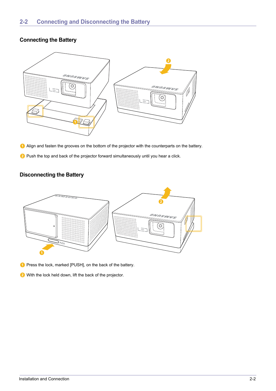 2 connecting and disconnecting the battery, Connecting and disconnecting the battery -2 | Samsung SP0351VBX-ZA User Manual | Page 11 / 56